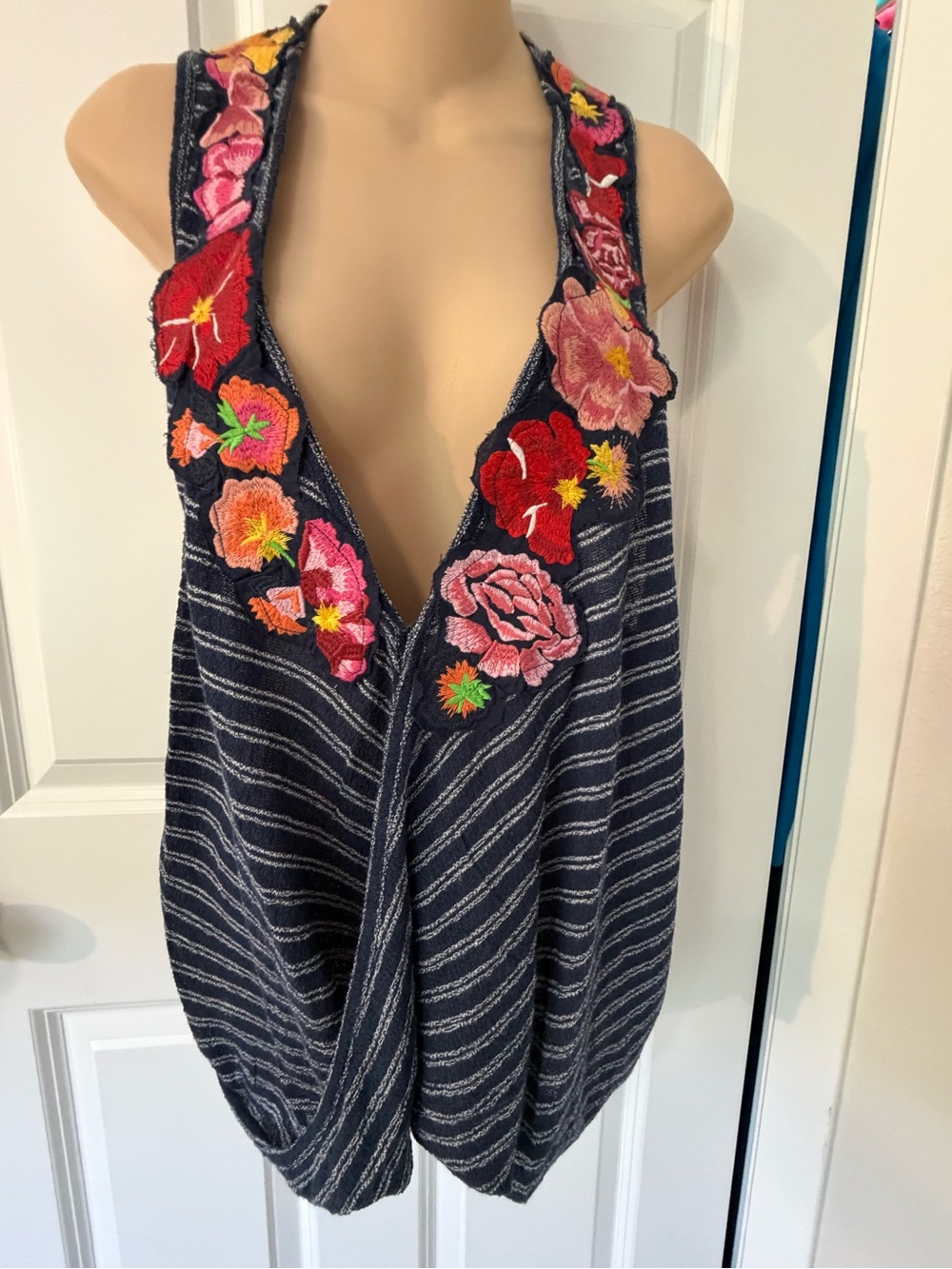 Free People Navy Striped Halter Tank with Floral Embroidery